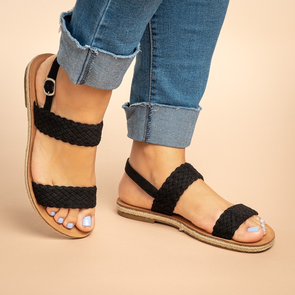 Soda Shoes - Black Braided Double Band Flat Sandals